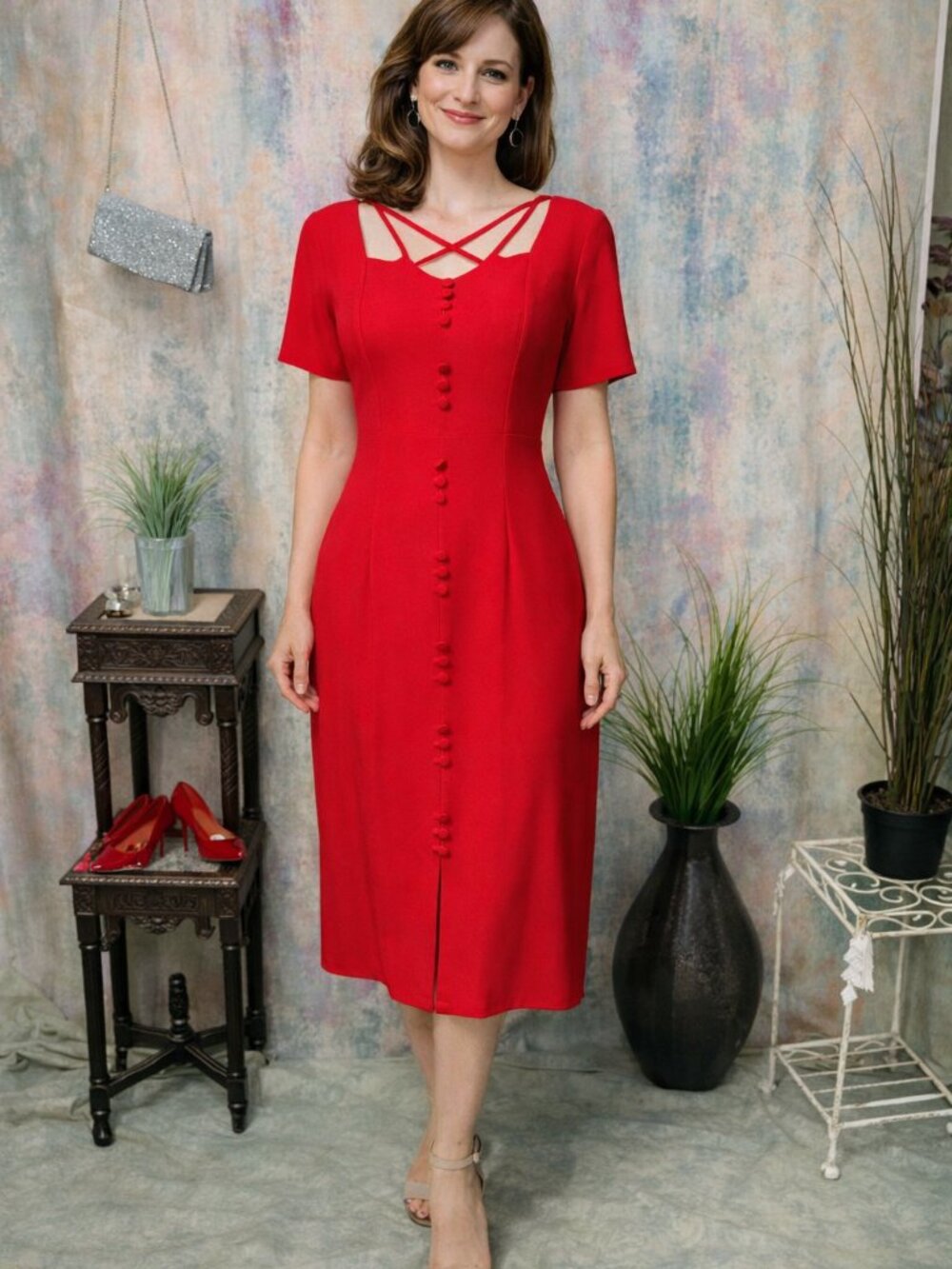 NWT  📌Dawn Joy  Midi Button Rayon Blend Dress with a W-Neckline